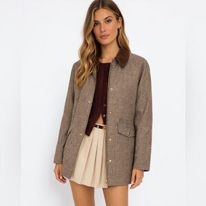 $350 House of Harlow 1960 Brown Black houndstooth Utility Barn Jacket S Corduroy